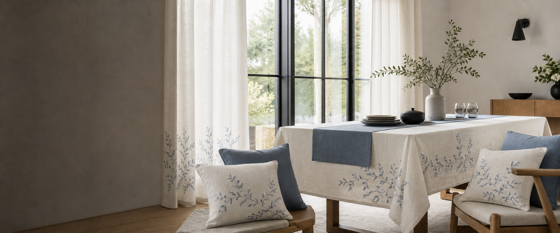 Modern American dining room with matching blue botanical embroidery on both curtain panels